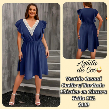 Vestido Casual Cuello V Con Bordado Elástico en Cintura Talla 1XL(31)