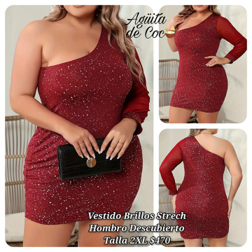 Vestido Brillos Strech Hombro Descubierto Talla 2XL (41)