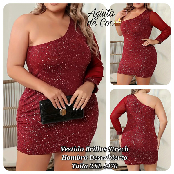 Vestido Brillos Strech Hombro Descubierto Talla 2XL (41)