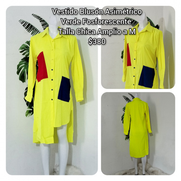 Vestido Blusón Asimétrico Verde Fosforescente Talla Chica Amplio a M (34)