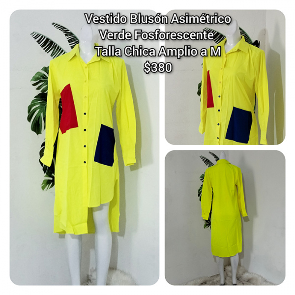 Vestido Blusón Asimétrico Verde Fosforescente Talla Chica Amplio a M (34)