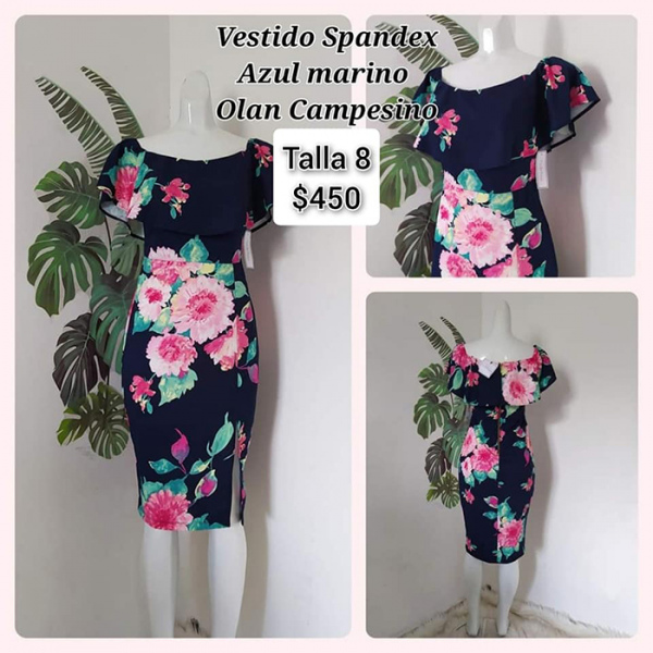 Vestido Spandex Azul Marino Olán Campesino Talla 8 (3)