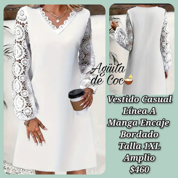 Vestido Casual Línea A Manga Encaje Bordado Talla 1XL Amplio (12)