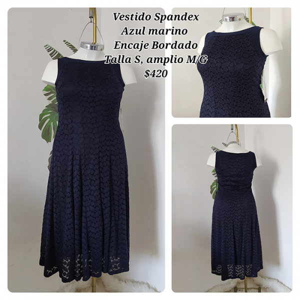 Vestido Spandex Azul Marino Encaje Bordado Talla s Amplio M/G (9)
